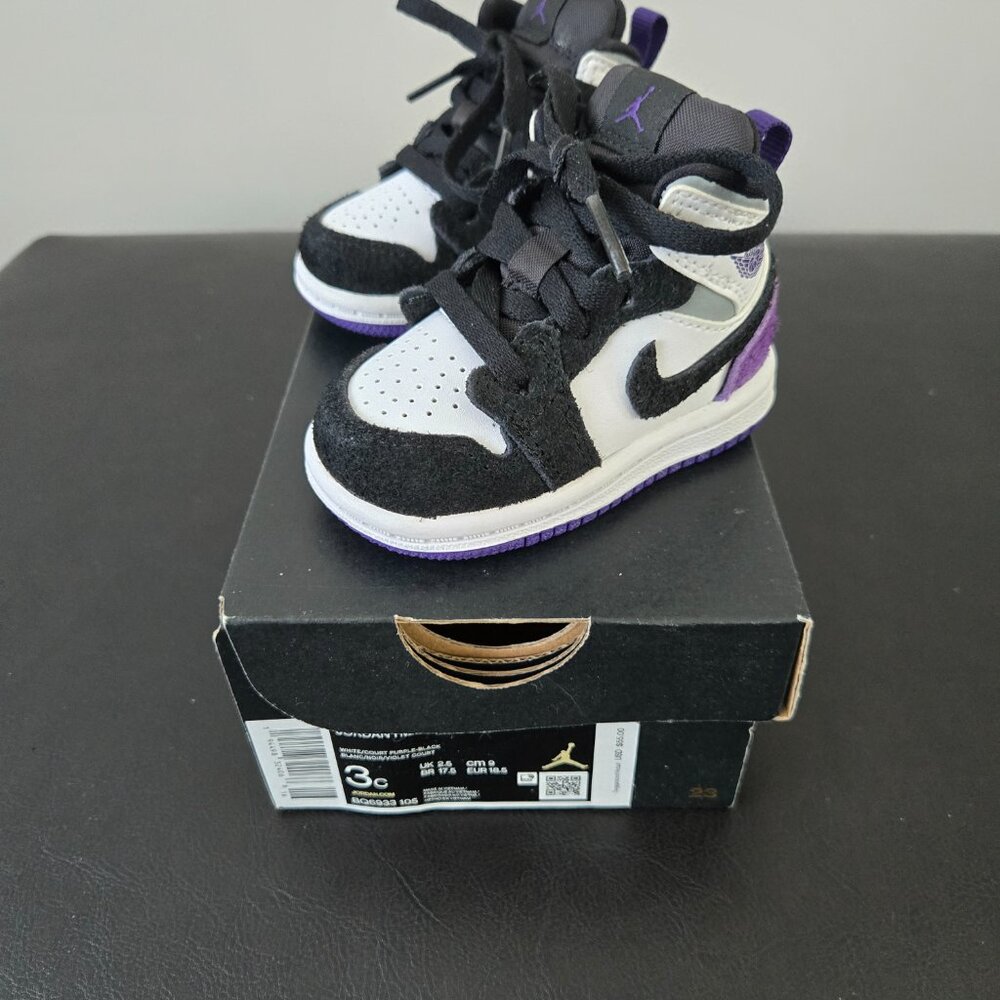 ADORABLE JORDAN 1 MID SE (TD) TODDLER SNEAKERS SIZE 3C NEW IN BOX PURPLE & BLACK